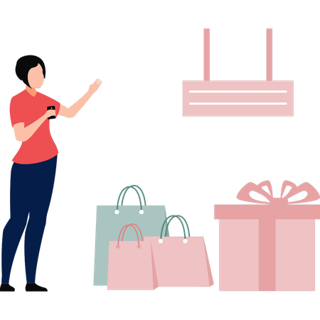 La fille porte beaucoup de sacs à provisions  Illustration