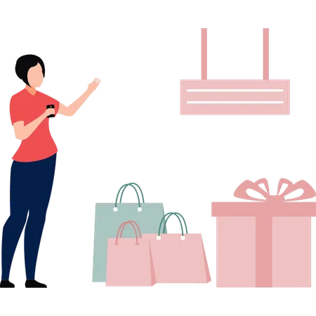 La fille porte beaucoup de sacs à provisions  Illustration