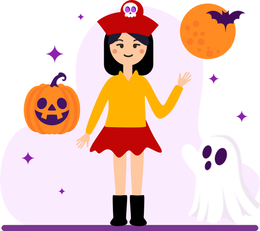 Une fille porte un costume d'Halloween à la fête d'Halloween  Illustration