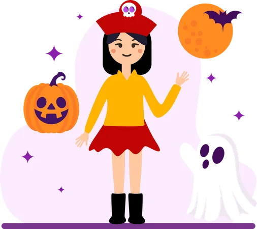 Une fille porte un costume d'Halloween à la fête d'Halloween  Illustration