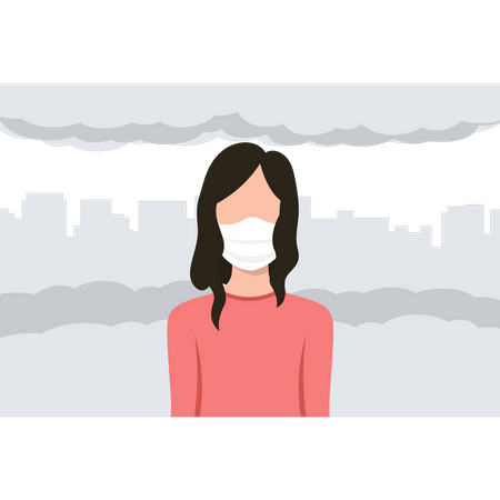 Une fille porte un masque pour se protéger de la pollution de l'air  Illustration