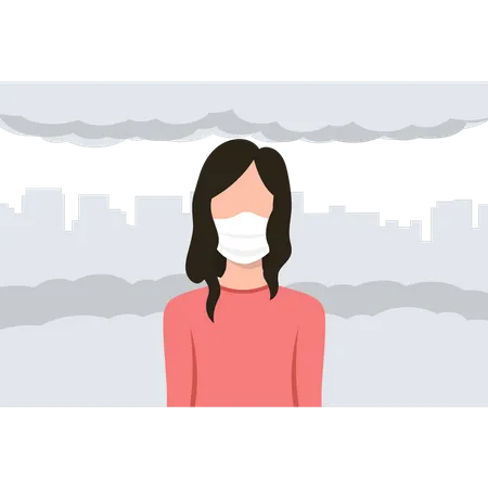 Une fille porte un masque pour se protéger de la pollution de l'air  Illustration