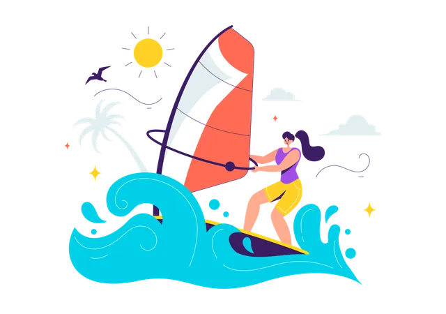 Fille pratiquant un sport nautique à la plage  Illustration