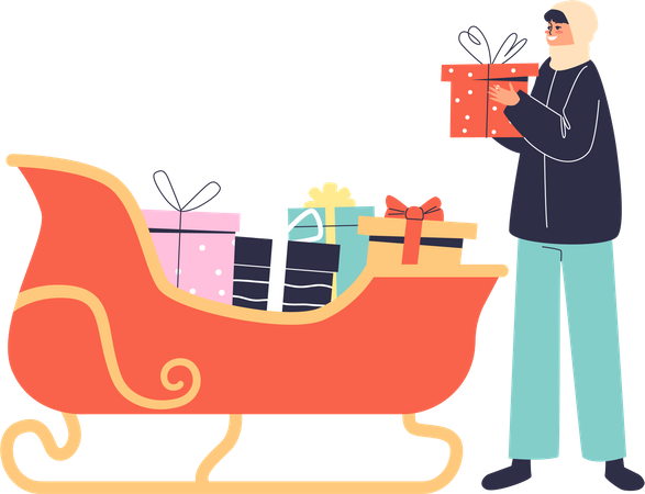 Fille prenant une boîte cadeau du traîneau du Père Noël. Cadeaux de Noël en décoration luge pour extérieur  Illustration
