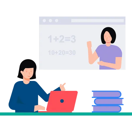 Fille prenant un cours de mathématiques en ligne  Illustration