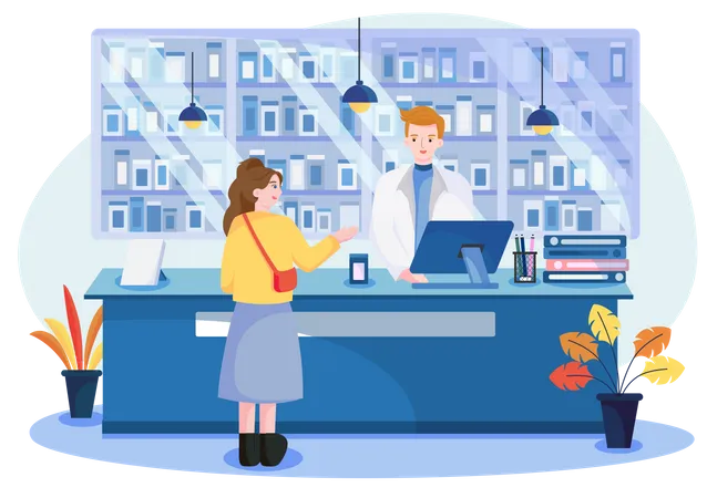 Fille prenant des médicaments dans une pharmacie  Illustration
