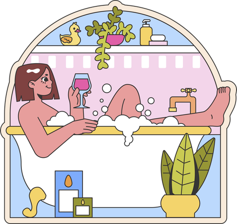 Fille prenant un bain dans une baignoire tout en buvant du vin  Illustration