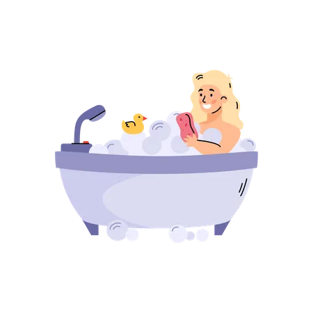 Fille prenant un bain dans une baignoire pleine de mousse  Illustration