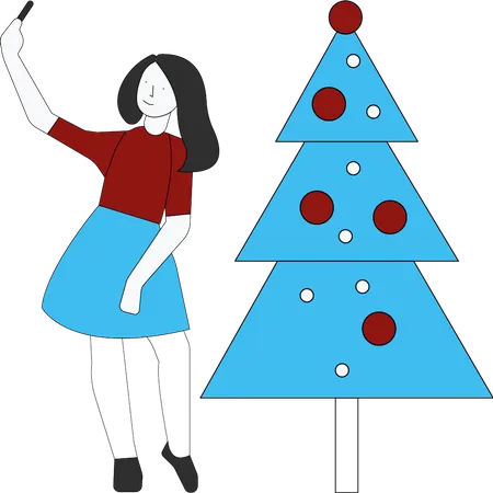 Fille prenant le selfie avec l'arbre de Noël  Illustration