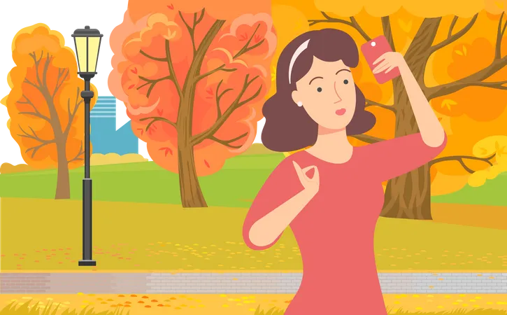 Fille prenant le selfie pendant l'automne  Illustration