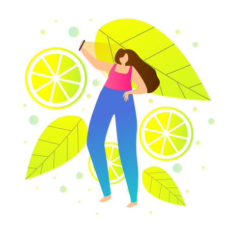 Fille prenant Selfie sur fond de citron ou d'été  Illustration