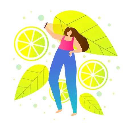 Fille prenant Selfie sur fond de citron ou d'été  Illustration