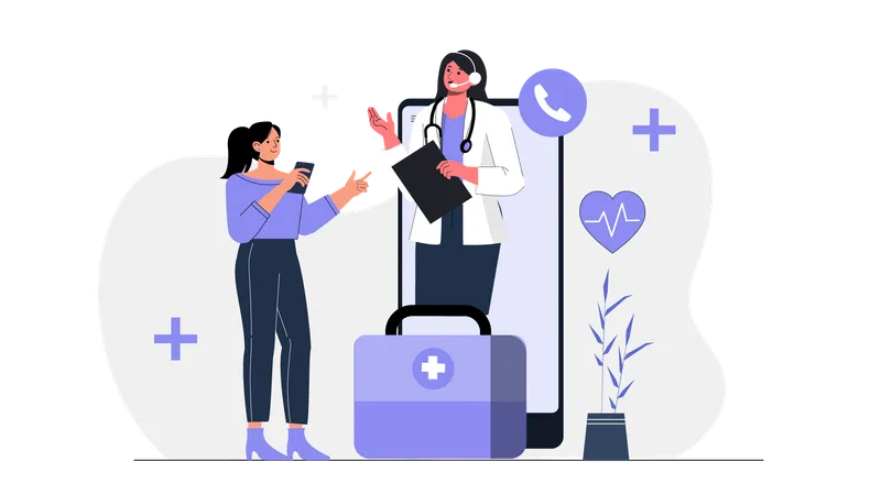 Une fille prend une consultation médicale en ligne  Illustration