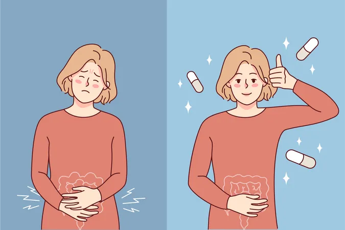 Fille prenant une pilule pour les douleurs à l'estomac  Illustration