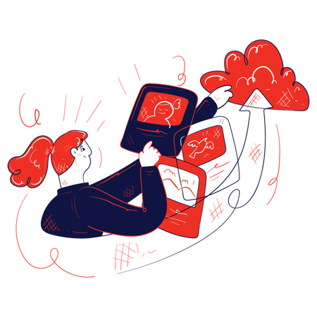 Fille effectuant une sauvegarde dans le cloud  Illustration