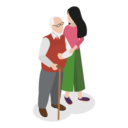 Une fille prend soin d'un homme âgé  Illustration