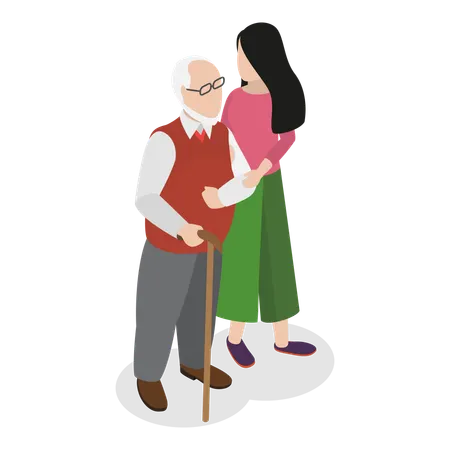 Une fille prend soin d'un homme âgé  Illustration