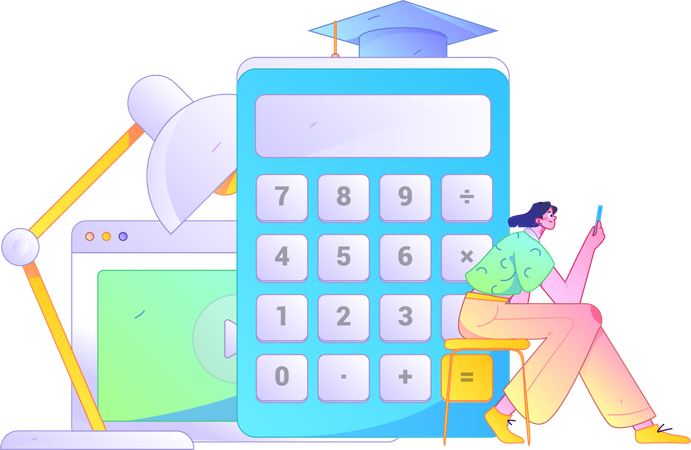 Une fille suit un cours de mathématiques en ligne à l'aide d'un téléphone portable  Illustration