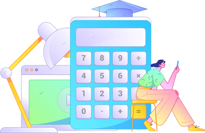 Une fille suit un cours de mathématiques en ligne à l'aide d'un téléphone portable  Illustration