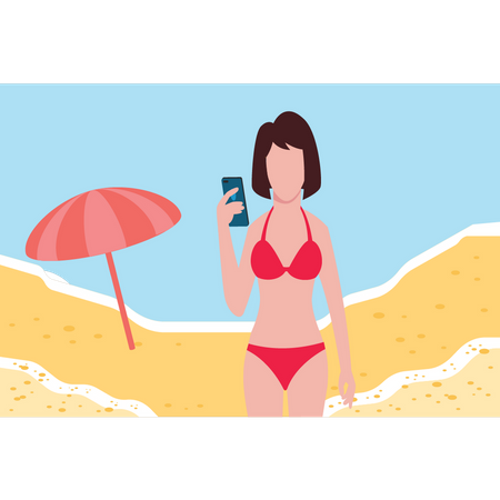 La fille prend un selfie sur la plage  Illustration