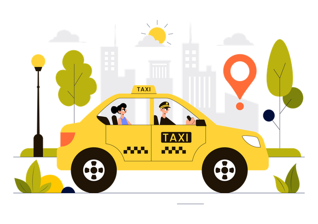 Une fille monte dans un taxi et réserve une voiture via son téléphone portable  Illustration