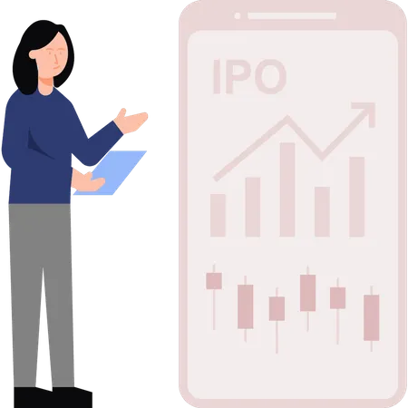 Fille présentant l'introduction en bourse dans une application mobile  Illustration