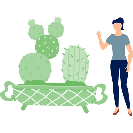 Fille présentant une plante Mamillaria  Illustration