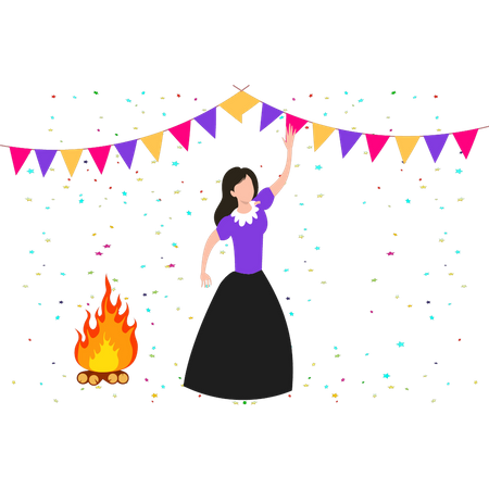 Fille profitant d'une fête autour d'un feu de joie  Illustration