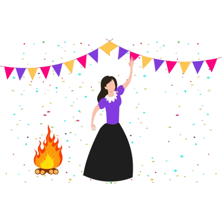 Fille profitant d'une fête autour d'un feu de joie  Illustration