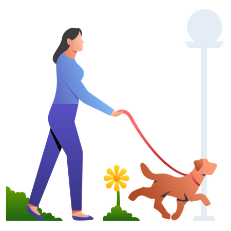Fille marche avec un chien  Illustration