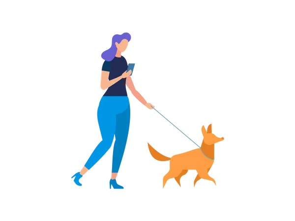 Fille marchant avec un chien  Illustration