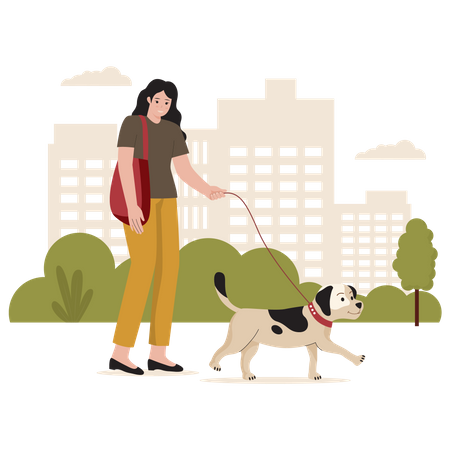 Fille marchant avec un chien de compagnie  Illustration