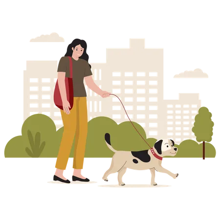 Fille marchant avec un chien de compagnie  Illustration