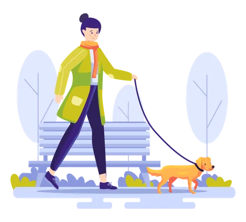 Fille promenant un chien dans le parc  Illustration