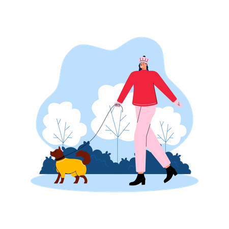 Fille marchant dehors avec un chiot en hiver  Illustration