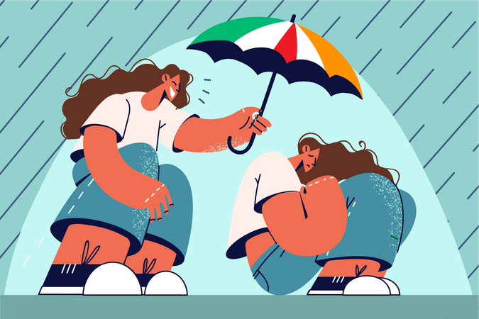 Une fille protège une fille sous la pluie  Illustration