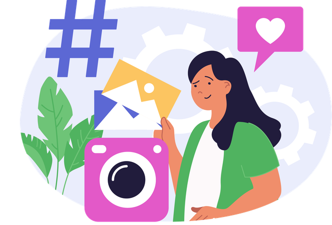 Fille publiant des photos sur les réseaux sociaux  Illustration