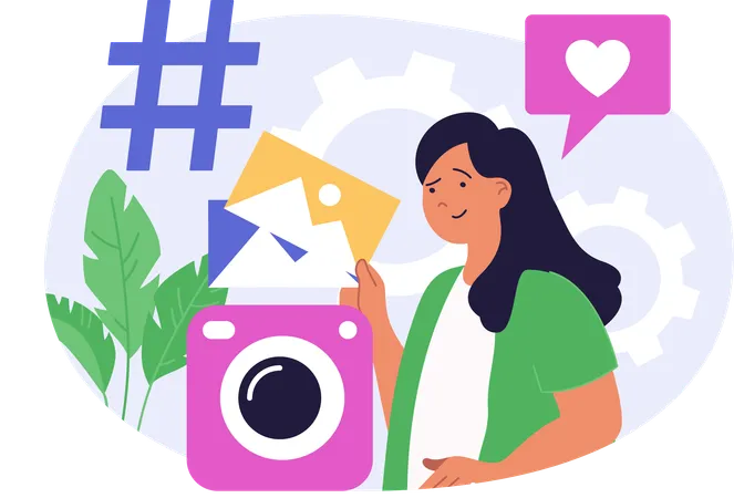 Fille publiant des photos sur les réseaux sociaux  Illustration