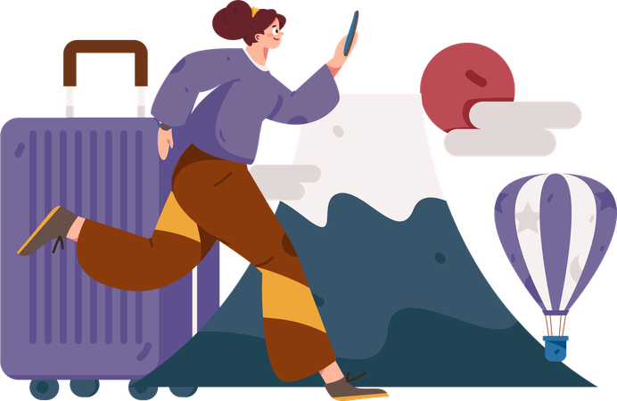 Fille courant avec mobile pour le voyage  Illustration