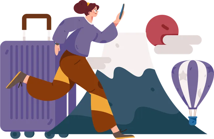 Fille courant avec mobile pour le voyage  Illustration