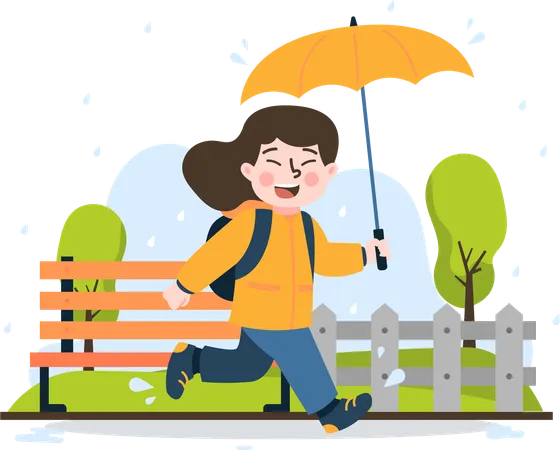 Fille qui court sous la pluie - Illustration plate  Illustration