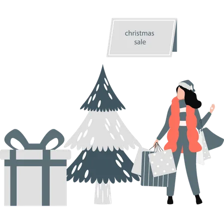 Fille faisant du shopping aux soldes de Noël  Illustration