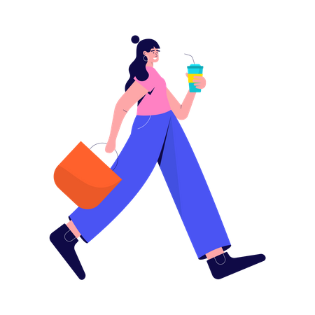 Fille marchant avec une tasse à emporter  Illustration