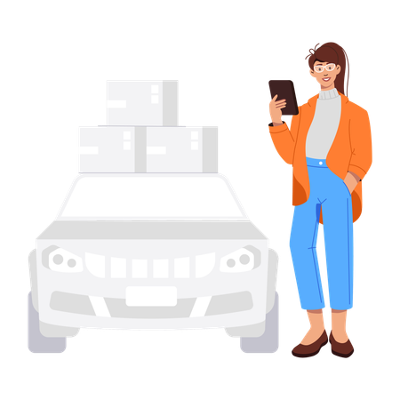 Fille recevant un colis dans sa voiture  Illustration