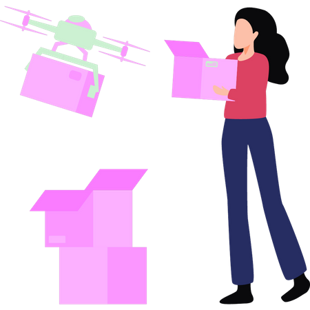 Fille recevant un colis par drone  Illustration