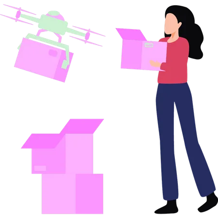 Fille recevant un colis par drone  Illustration