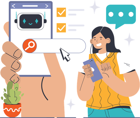 Fille recherchant un chatbot à l'aide d'un mobile  Illustration