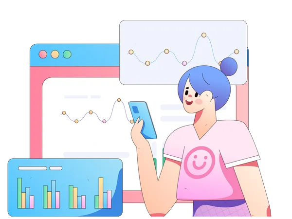 Fille regardant un graphique d'analyse en ligne à l'aide d'un mobile  Illustration