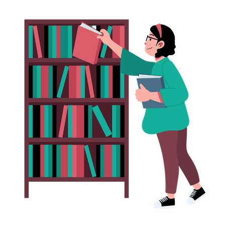 Livre de recherche de fille à la bibliothèque  Illustration