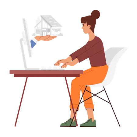 Fille à la recherche d'une maison sur une plateforme en ligne  Illustration